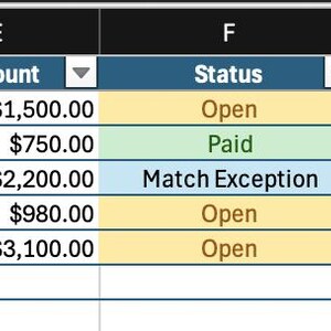May include: A spreadsheet with invoice data, including invoice numbers, supplier names, invoice and due dates, amounts, statuses, payment methods, days outstanding, and notes. The data is organized in columns and rows.