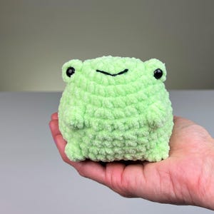 May include: A light green, plush frog toy with black eyes and a stitched mouth. The handmade frog is soft and cuddly, perfect for children or as a decorative item. The frog is held in a person's hand.