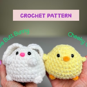 Lindo conjunto de padrões de coelhinhos com bumbum redondo e pintinhos atrevidos, download digital em PDF com instruções de crochê. Ótimo para cestas de Páscoa!