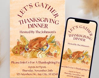 Let's Gather Thanksgiving Dinner Invitation Template | Friendsgiving Invite | Editable Fall Feast Invite | Instant Download