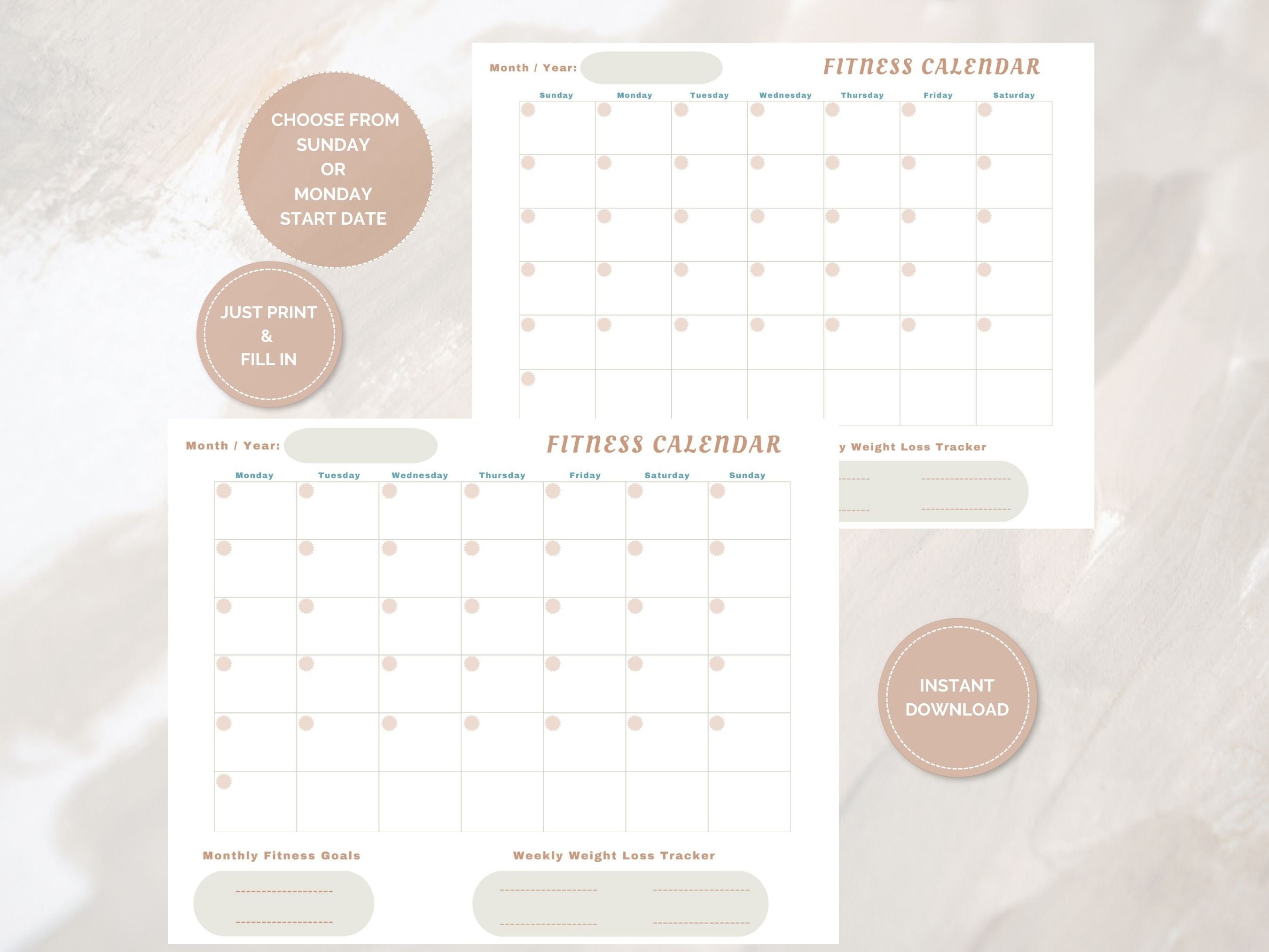 Monthly Workout Calendar, Printable Monthly Weight Loss Tracker - Etsy