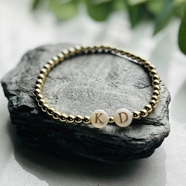 Initial Bead Bracelet, 18k Gold Filled Bead Bracelet, Shell Letter Bead Bracelet, Stacking Bracelet for Mom Personalized Bracelet Gift