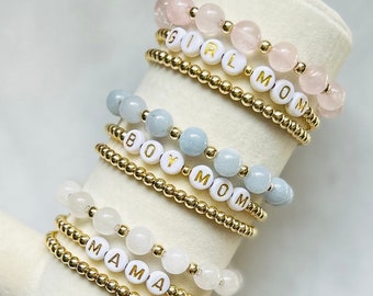 Mama Beaded Bracelet Stack, 18k Gold Filled Personalized Gift for Mom, New Mom Gift, Boho Baby Shower Gift for Mom