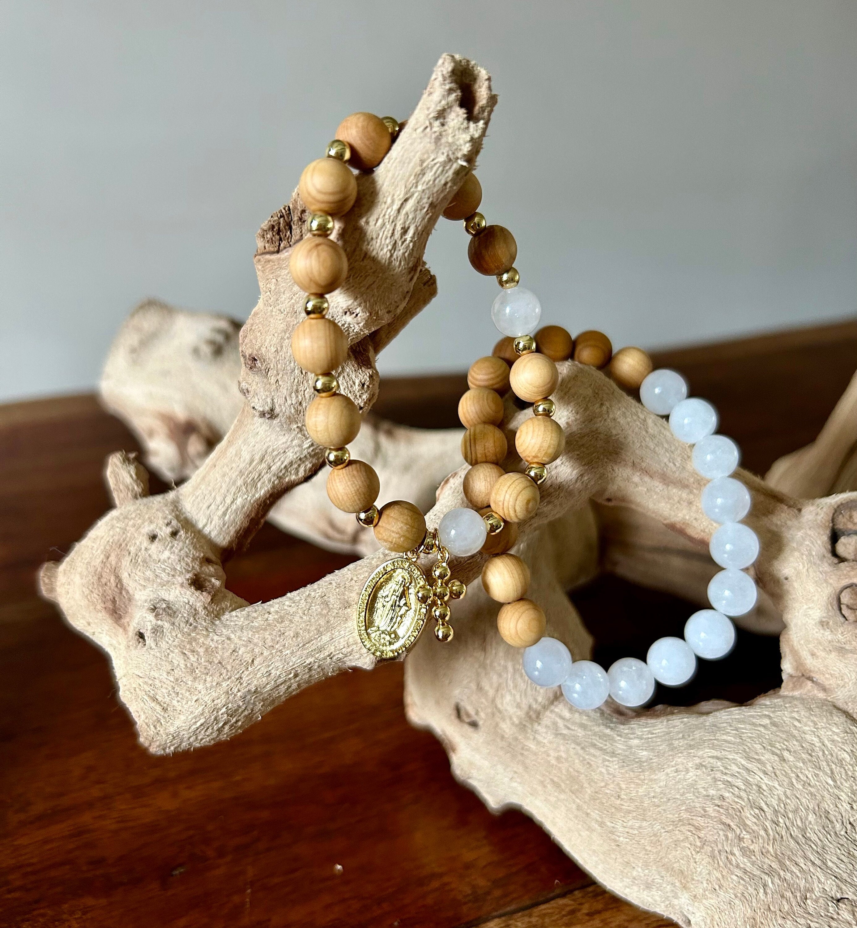 thumbnail image 2 of Virgin Mary Rosary Stretch Bracelet - Ave Maria Rose Charm & Cross, 3 Color Options 2 of 13