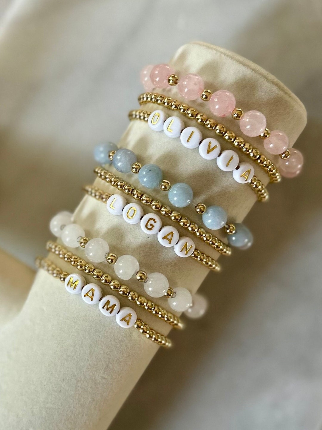 Mama Beaded Bracelet Stack, 18k Gold Filled Personalized Gift for Mom ...