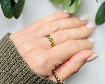 Jade Ring, Jade Beaded Ring Gold Filled, Jade Stackable Ring Beaded Stretch Ring, Gemstone Beaded Ring, Good Luck Ring