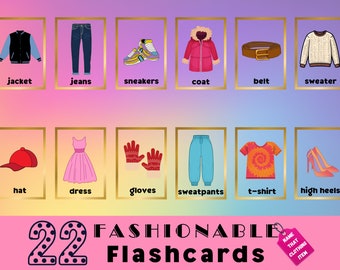May include: A collection of 22 fashion flashcards, each featuring a different clothing item. The cards include a jacket, jeans, sneakers, coat, belt, sweater, hat, dress, gloves, sweatpants, t-shirt, and high heels. The text "22 FASHIONABLE FLASHCARDS" is also present.