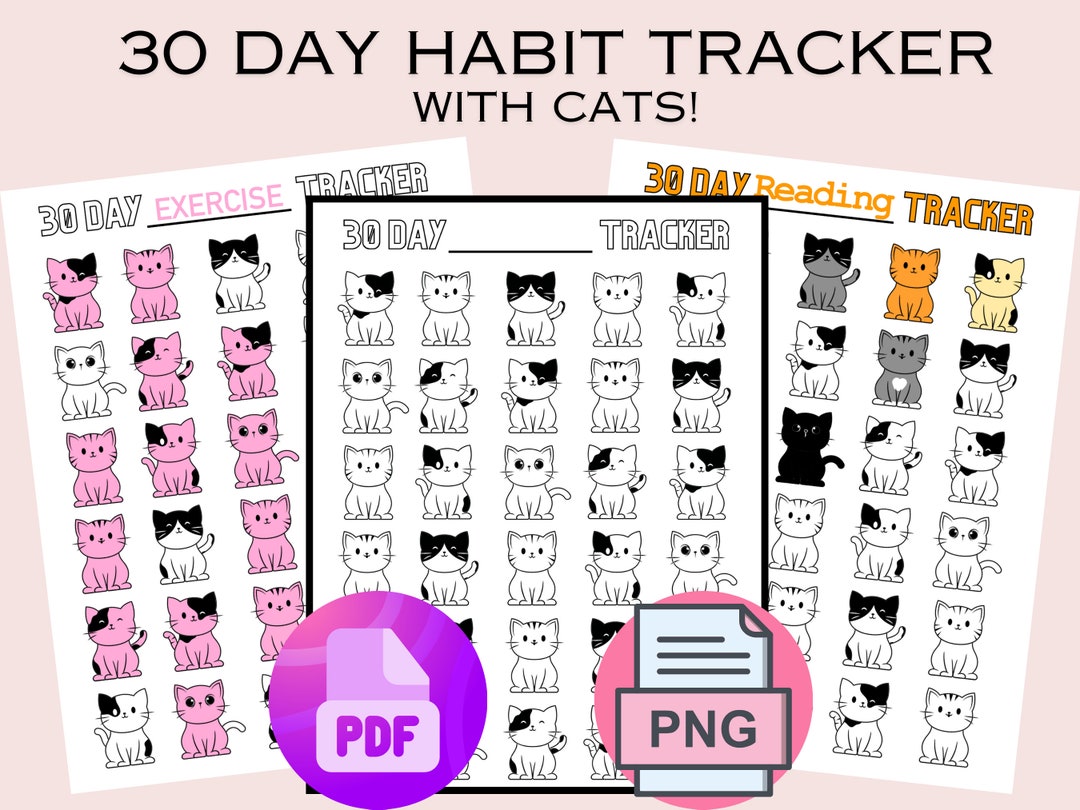 30 Day Habit Tracker Printable With Cute Cats PDF A4 & US Letter, PNG