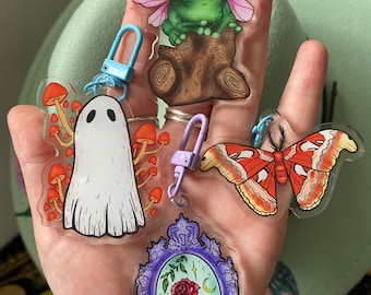 Whimsical Fantasy Moth Ghost Frog Illustration Acrylic Keychains