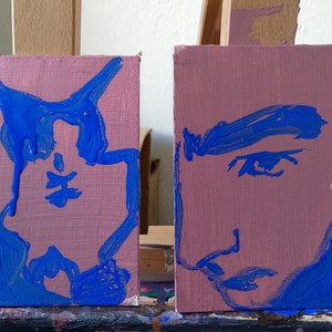 Peinture bicolore - chat et autoportrait. Format A5