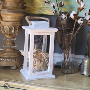 Distressed White Rustic Wood Tabletop Lantern Candle Holder, Country Farmhouse Indoor Wooden Wedding Centerpiece/Home Decor/Mantel Decor image 2