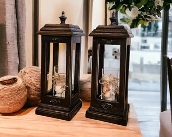 Rustic Farmhouse Style Distressed Wooden Lantern, Candle Lantern, (Set Of 2 Lanterns), Home decor, Lantern for Mantel/Wall Corners/Decors