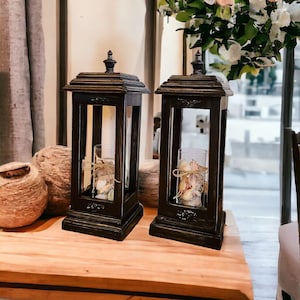 Set Of 2 ~ Rustic Farmhouse Style Distressed Wooden Lantern, Floor Lanterns, Home décor, Lantern for Mantel/Wall Corners/Decors/Family Room
