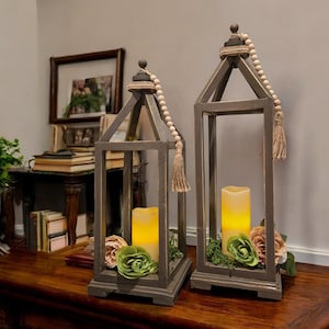 Set of 2~ Wooden Decorative Candle Lanterns , Indoor Rustic Tabletop Lantern, Mantle Shelf, Farmhouse Home Decor, Wedding Table Decoration
