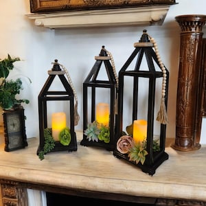 Set of 3~ Wooden Decorative Candle Lanterns, Indoor Rustic Tabletop Lanterns, Mantle Shelf, Farmhouse Home Decor, Wedding Table Decorations