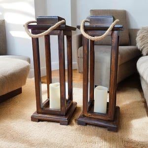 Set Of 2~ Classic Dark Walnut Rustic Wooden Lanterns For Candleholder/Florals, Farmhouse Style Wooden Wedding Centerpieces/Home Decor etc