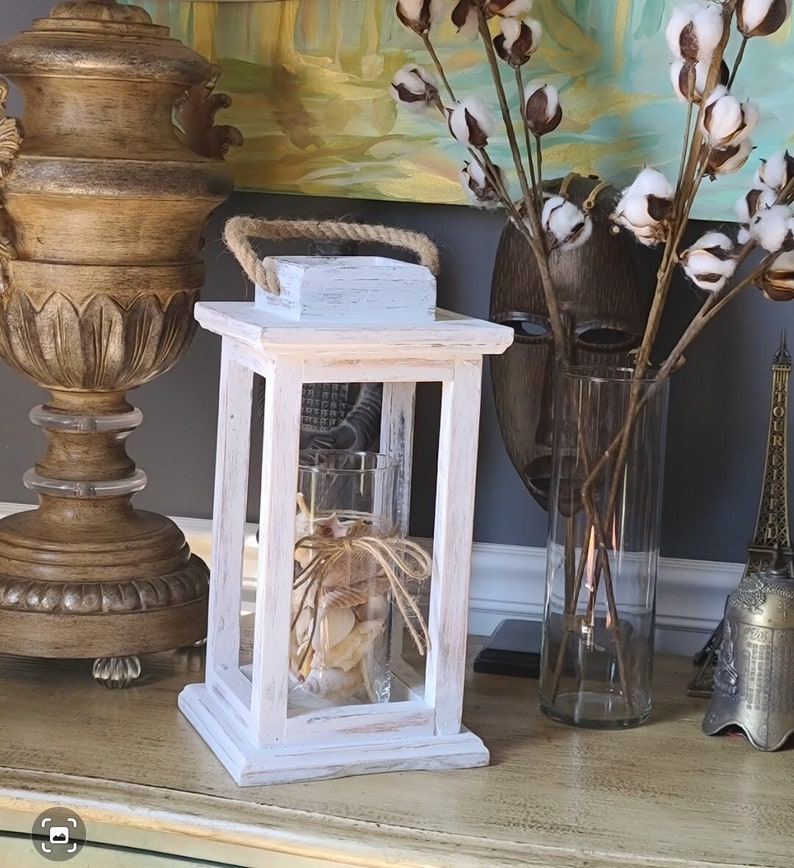 Distressed White Rustic Wood Tabletop Lantern Candle Holder, Country Farmhouse Indoor Wooden Wedding Centerpiece/Home Decor/Mantel Decor image 2