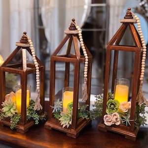 Set of 3~ Wooden Decorative Candle Lanterns, Indoor Rustic Tabletop Lanterns, Mantle Shelf, Farmhouse Home Decor, Wedding Table Decorations
