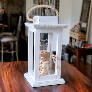 Distressed White Rustic Wood Tabletop Lantern Candle Holder, Country Farmhouse Indoor Wooden Wedding Centerpiece/Home Decor/Mantel Decor
