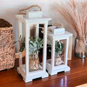 Set Of 2~ Distressed White Rustic Wooden Lantern For Candle Holder/Florals, Country Farmhouse Style Wooden Wedding Centerpiece/Mantel Decor