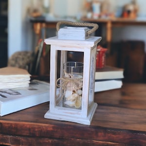 Distressed White Rustic Wood Tabletop Lantern Candle Holder, Country Farmhouse Indoor Wooden Wedding Centerpiece/Home Decor/Mantel Decor image 1