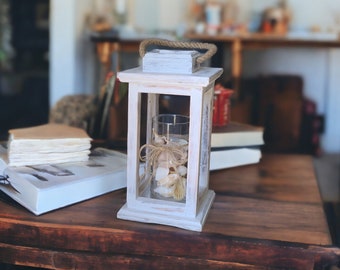 Distressed White Rustic Wood Tabletop Lantern Candle Holder, Country Farmhouse Indoor Wooden Wedding Centerpiece/Home Decor/Mantel Decor