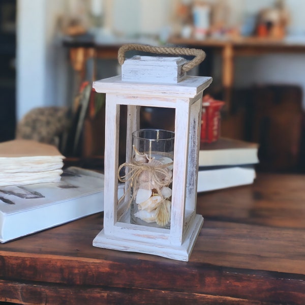 Distressed White Rustic Wood Tabletop Lantern Candle Holder, Country Farmhouse Indoor Wooden Wedding Centerpiece/Home Decor/Mantel Decor