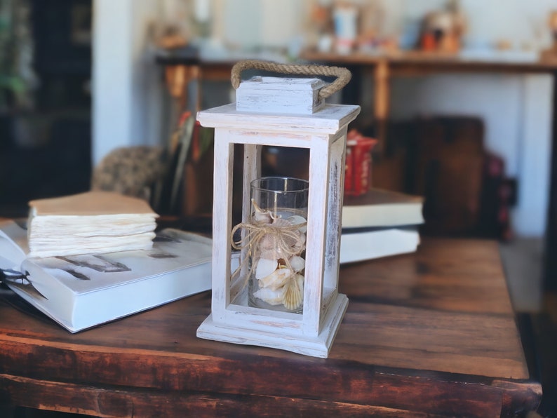 Distressed White Rustic Wood Tabletop Lantern Candle Holder, Country Farmhouse Indoor Wooden Wedding Centerpiece/Home Decor/Mantel Decor image 1