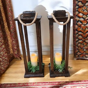 Set Of 2~ Classic Dark Walnut Rustic Wooden Lanterns For Candleholder/Florals, Farmhouse Style Wooden Wedding Centerpieces/Home Decor etc