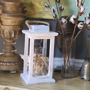 Distressed White Rustic Wood Tabletop Lantern Candle Holder, Country Farmhouse Indoor Wooden Wedding Centerpiece/Home Decor/Mantel Decor image 4