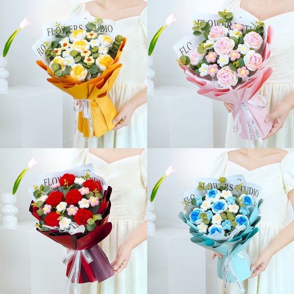 Muttertagsgeschenk, handgefertigte Häkelrosen, fertiges Blumenstraußprodukt, Jubiläum, Geburtstag, Freundin, Ehefrau, Hochzeit, Liebhabergeschenk