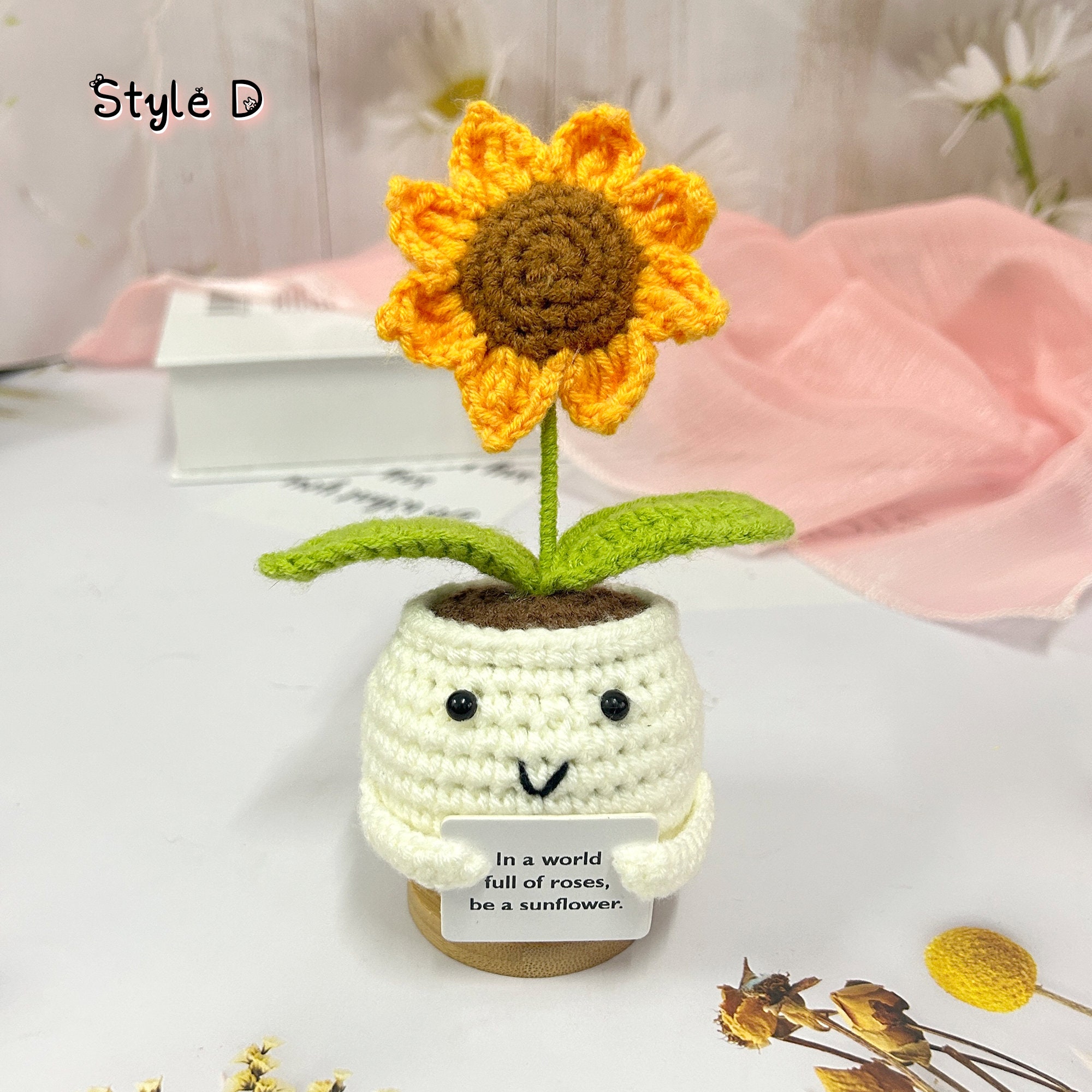 Weldomcor Girasole sorridente da donna, completato a maglia, supporto emotivo, fatto a mano, fiore artificiale all'uncinetto, girasole in vaso, per
