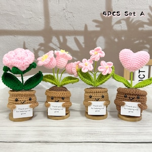 May include: Set of four crocheted flower pots with pink flowers and a heart-shaped flower. Each pot has a smiling face and a sign that reads "Thank you for helping me grow".