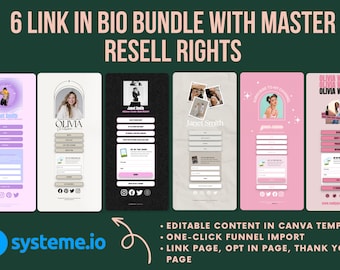 May include: A bundle of six link-in-bio templates for social media. The templates are customizable and include a link page, opt-in page, and thank you page. The templates are designed in Canva and can be imported with one click. The templates feature a variety of colors and designs, including pink, purple, black, and white.