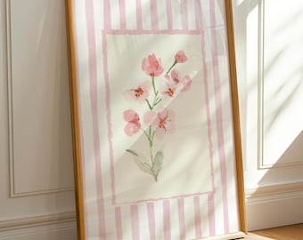 Pink Floral Striped Wall Art Print: Watercolor Flower Painting, Nancy Meyers Inspired Decor