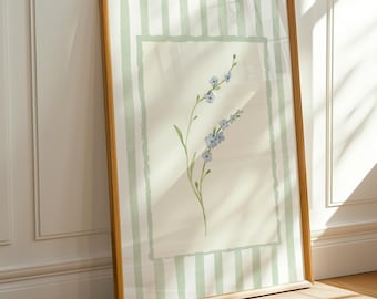 Green Striped Art, Green Floral Watercolor Print, Nancy Meyers Inspired Decor, Grandmillenial, Flower Painting