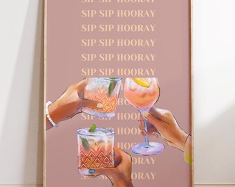 Impresión de cóctel "Sip Sip Hooray": Arte moderno para carrito de bar (descarga digital)