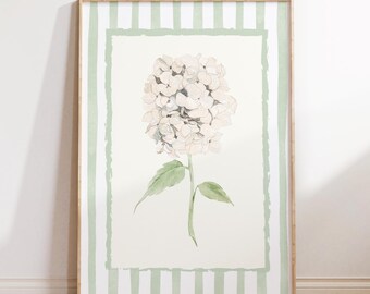 Hydrangea Print, White Flower Print, Green Floral Print, Nancy Meyers Inspired, Grandmillenial, Green Striped Print, Botanical Art, Summer