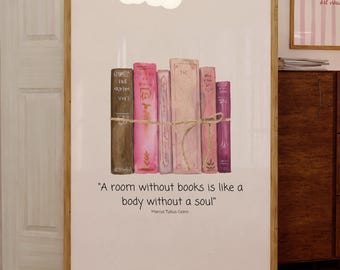 Pink Book Stack Wall Print: Decor for Book Lovers, Office Art