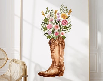 Impresión artística digital de botas vaqueras marrones con flores de acuarela: varios tamaños