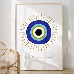 Impressão de parede de mau-olhado com sol azul: coisas boas estão por vir