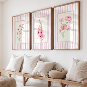 Pink Watercolor Floral Striped Art Print Set of 3: Grandmillenial Inspired Art