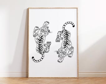 Digitale kunstafdruk zwarte en witte tijger - poster voor dierenliefhebbers