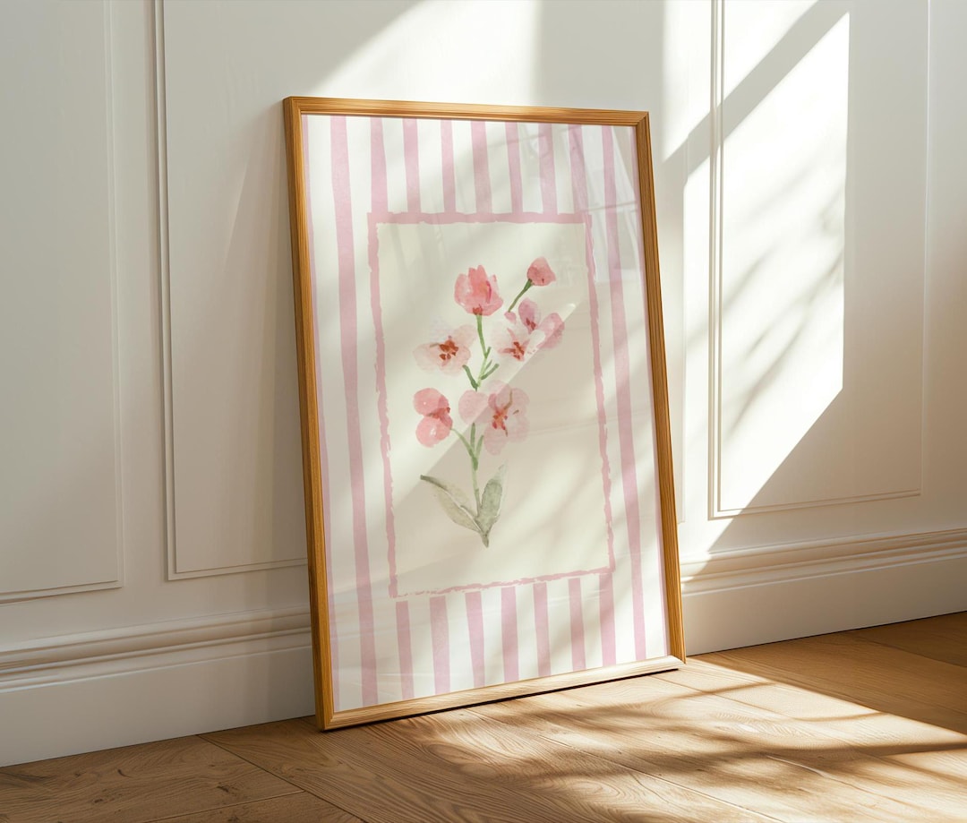 Pink Floral Wall Art – Watercolor Striped Flower Print for Bedroom or ...