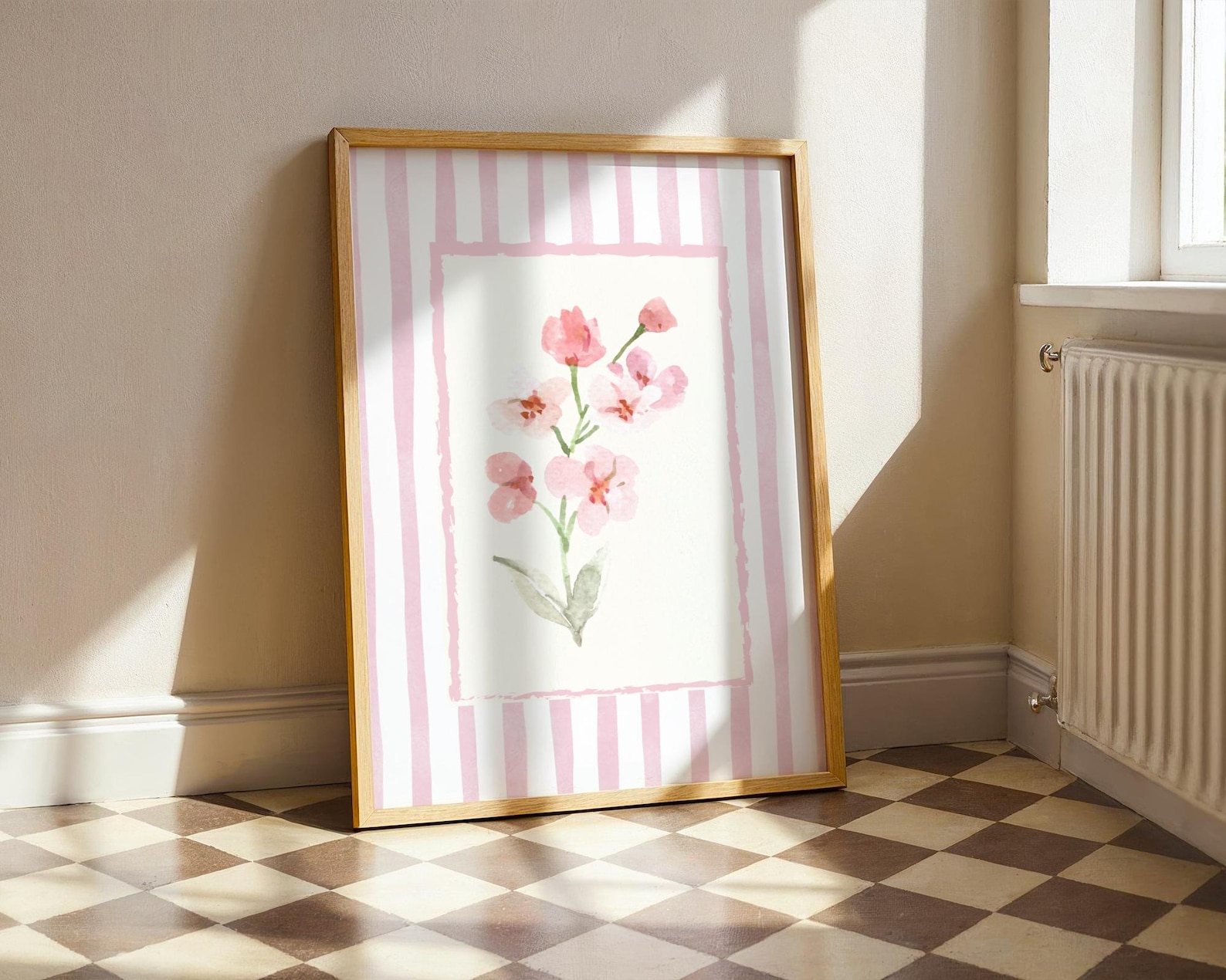 Pink Floral Wall Art – Watercolor Striped Flower Print for Bedroom or ...