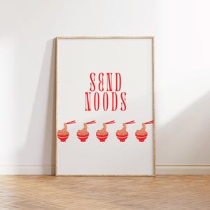 Send Noods Wall Print: Red Art Decor, Funny Food Pun Poster for Kitchen