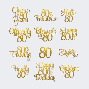 May include: Gold foil text designs for an 80th birthday celebration. Phrases include "Cheers to 80 Years," "Hello 80," "Happy 80th Birthday," and "Golden 80." The designs are in a cursive font.