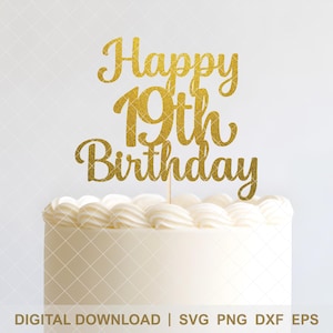 May include: A gold glitter cake topper that reads "Happy 19th Birthday" is placed on top of a white cake with a decorative frosting design. The background is a white diamond pattern.
