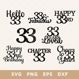 Joyeux 33e anniversaire signe de gâteau SVG Bundle - Bravo à 33 ans couper fichier pour bricolage gâteau et décoration - Svg, Png, Eps, Dxf - téléchargement immédiat