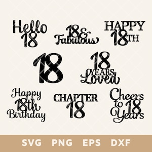 Paquete SVG de adorno para tarta con letrero de feliz cumpleaños número 18: archivo de corte de saludos por los 18 años para tartas y decoración caseras: Svg, Png, Eps, Dxf: descarga instantánea